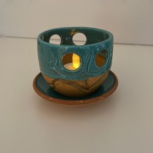 Pottery 2pc tea light holder, signed, made in PR, natural brown, turquoise glaze